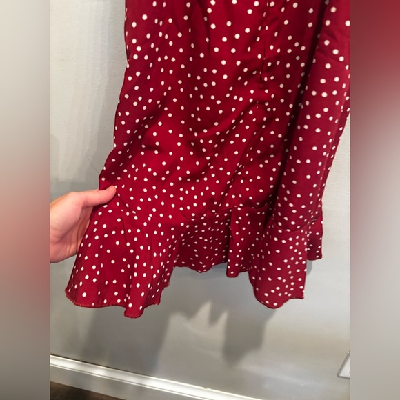 Princess Polly Burgundy Polka Dot Mini Dress short ruffle cottage core vacation - Picture 7 of 12